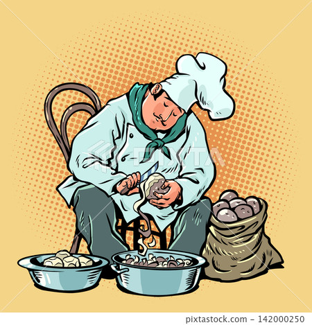 A chef peels potatoes. A symbol of the restaurant. A culinary professional. A chef peels potatoes. A symbol of the restaurant. A culinary professional. 142000250