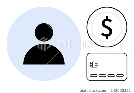 E-commerce, online banking, financial apps, identity verification, digital payments, user authentication. A person icon, dollar sign and bank card side by side. E-commerce and online banking concept E-commerce, online banking, financial apps, identity verification, digital payments, user authentication. A person icon, dollar sign and bank card side by side. E-commerce and online banking concept 142000251