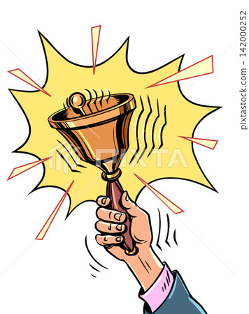 Hand rings the bell. New notifications and news. Announcement of upcoming discounts and promotions. Hand rings the bell. New notifications and news. Announcement of upcoming discounts and promotions. 142000252