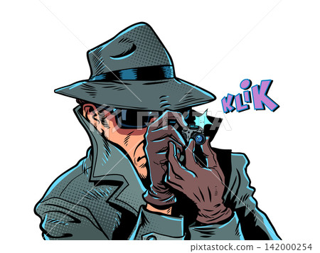 A male detective takes a photo. Surveillance of personal data and photographs. The state is spying on citizens. A male detective takes a photo. Surveillance of personal data and photographs. The state is spying on citizens. 142000254