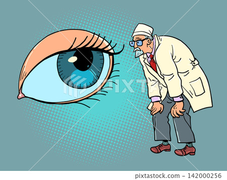 A male doctor looks into an eye. Health care examination. Vision problems. A male doctor looks into an eye. Health care examination. Vision problems. 142000256