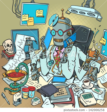Robot doctor manages to do everything. Replacement of specialists with artificial intelligence. Universal AI specialist in medicine. Robot doctor manages to do everything. Replacement of specialists with artificial intelligence. Universal AI specialist in medicine. 142000258
