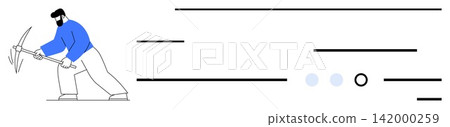 Cryptocurrency mining, blockchain technology, digital assets, data processing, online security, fintech. Minimalist design of a worker with a pickaxe. Cryptocurrency mining and blockchain concept Cryptocurrency mining, blockchain technology, digital assets, data processing, online security, fintech. Minimalist design of a worker with a pickaxe. Cryptocurrency mining and blockchain concept 142000259