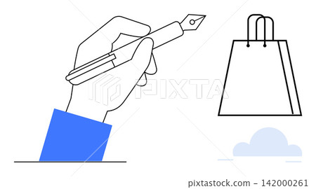 Creativity, online shopping, marketing materials, consumerism, writing, education. A hand holds a pen near a shopping bag and cloud. Creativity and online shopping concepts 142000261