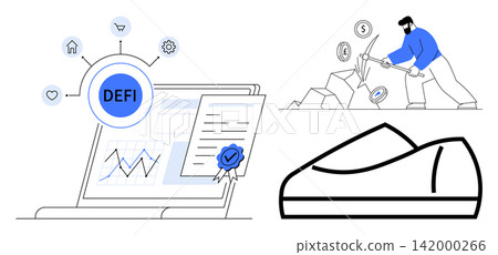 Decentralized finance, blockchain mining, fintech, cryptocurrency, asset tokenization, investments. Laptop with financial charts, person mining cryptocurrency tokenized asset. DeFi and blockchain Decentralized finance, blockchain mining, fintech, cryptocurrency, asset tokenization, investments. Laptop with financial charts, person mining cryptocurrency tokenized asset. DeFi and blockchain 142000266