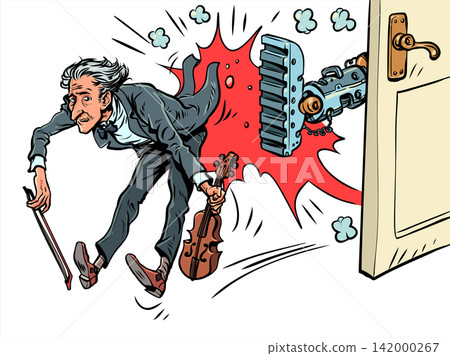 AI takes over jobs. The musician is out of work. Artificial intelligence is taking over humanity. AI takes over jobs. The musician is out of work. Artificial intelligence is taking over humanity. 142000267