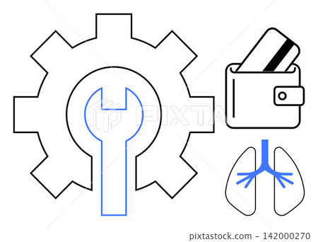 Business tools, financial management, health care, repair services, technical processes, human anatomy. Gear and wrench, wallet with card lung diagram. Repair services and financial management Business tools, financial management, health care, repair services, technical processes, human anatomy. Gear and wrench, wallet with card lung diagram. Repair services and financial management 142000270