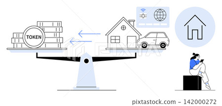 Finance, blockchain, real estate, digital payments, cryptocurrency, tokenization. A balance scale with tokens, a house and a car showing transaction flow. Finance and blockchain in a real estate Finance, blockchain, real estate, digital payments, cryptocurrency, tokenization. A balance scale with tokens, a house and a car showing transaction flow. Finance and blockchain in a real estate 142000272
