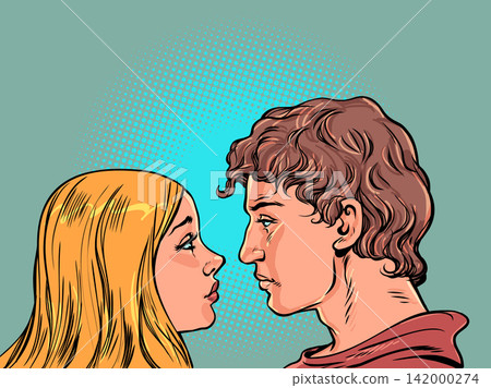 A girl and a guy opposite each other. Romantic relationships. Business proposals for young couples. A girl and a guy opposite each other. Romantic relationships. Business proposals for young couples. 142000274