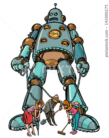 AI control over humanity. Robots keep people in chains. Jobs are being replaced by artificial intelligence. AI control over humanity. Robots keep people in chains. Jobs are being replaced by artificial intelligence. 142000275