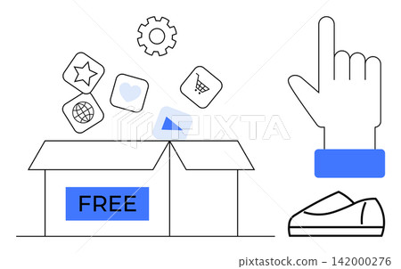 Online access, free resources, digital content, web tools, e-commerce, downloads. A free box with floating icons and a hand gesture pointing. Free resources and digital content concept Online access, free resources, digital content, web tools, e-commerce, downloads. A free box with floating icons and a hand gesture pointing. Free resources and digital content concept 142000276