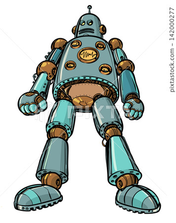 A vintage robot stands still. Artificial intelligence is growing. Fear of AI in the world. A vintage robot stands still. Artificial intelligence is growing. Fear of AI in the world. 142000277