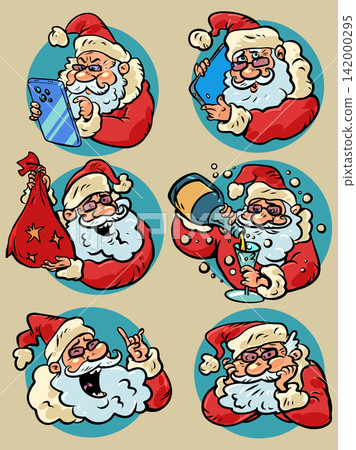 Different faces of Santa Claus for Christmas. Six different Santa Claus stickers. Special offers for customers during the holidays. Different faces of Santa Claus for Christmas. Six different Santa Claus stickers. Special offers for customers during the holidays. 142000295