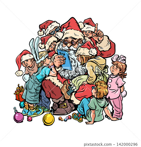 Santa Claus surrounded by children. Santa Claus reading letters on his phone. Special offers for customers during the holidays. Santa Claus surrounded by children. Santa Claus reading letters on his phone. Special offers for customers during the holidays. 142000296