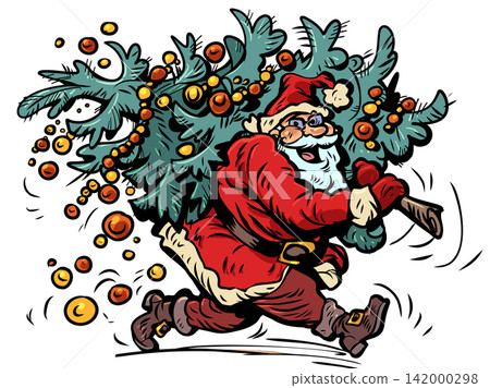 Santa Claus carrying the Christmas tree. Buying Christmas decorations and decor. Special offers for holiday customers. Santa Claus carrying the Christmas tree. Buying Christmas decorations and decor. Special offers for holiday customers. 142000298
