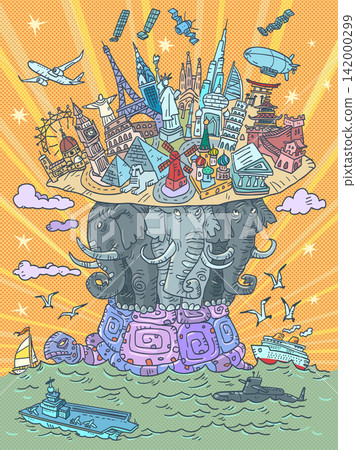 Wonders of the world and the entire world. A flat world on three elephants and a turtle. International Marketplace and Travel. 142000299