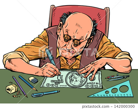 A man draws a dollar bill. Evil scammers. Banking system security. A man draws a dollar bill. Evil scammers. Banking system security. 142000300