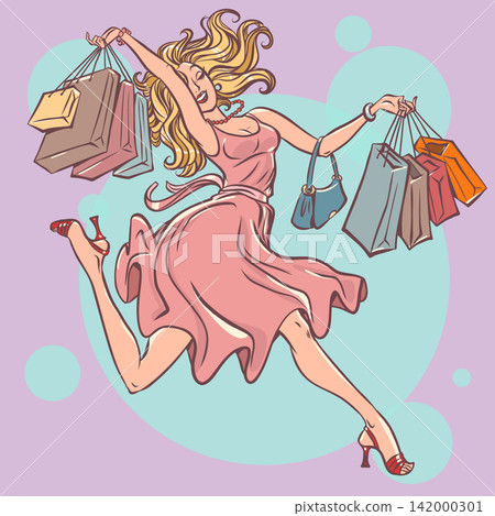 A woman enjoys shopping. Sales in stores. A blonde woman holds bags and handbags. A woman enjoys shopping. Sales in stores. A blonde woman holds bags and handbags. 142000301