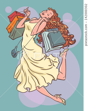 A woman enjoys shopping. Sales in stores. A red-haired woman holds bags and handbags. A woman enjoys shopping. Sales in stores. A red-haired woman holds bags and handbags. 142000302