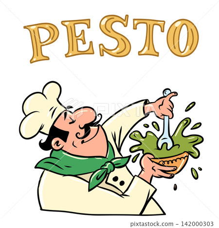 Chef making pesto. Logo of an Italian chef, preparing a traditional dish. Sauce for pizza and pasta. Chef making pesto. Logo of an Italian chef, preparing a traditional dish. Sauce for pizza and pasta. 142000303