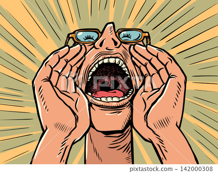 A man screams through his mouth. Close-up of his mouth and face. Message about discounts. A man screams through his mouth. Close-up of his mouth and face. Message about discounts. 142000308