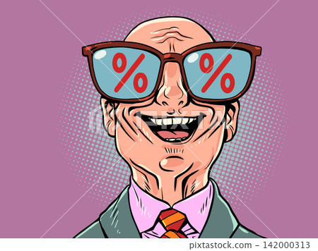 A happy bald businessman. A satisfied company boss. Look at the discount icon. A happy bald businessman. A satisfied company boss. Look at the discount icon. 142000313