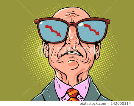 A sad bald man. Red chart symbols pointing down. Fear of business. A sad bald man. Red chart symbols pointing down. Fear of business. 142000314