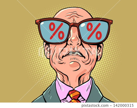A sad bald man. Red discount symbols. The fear of a salesperson. A sad bald man. Red discount symbols. The fear of a salesperson. 142000315