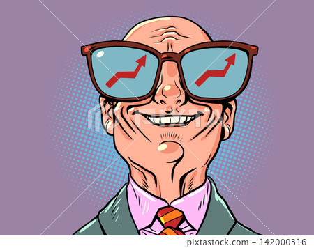 A happy bald businessman. A satisfied company boss. Looking at the graphs of upward arrows. A happy bald businessman. A satisfied company boss. Looking at the graphs of upward arrows. 142000316