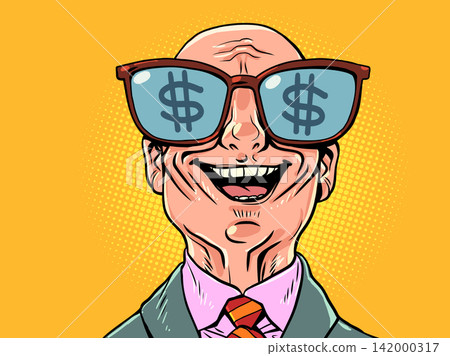 A happy bald businessman. A contented company boss. Looking at the dollar signs. A happy bald businessman. A contented company boss. Looking at the dollar signs. 142000317
