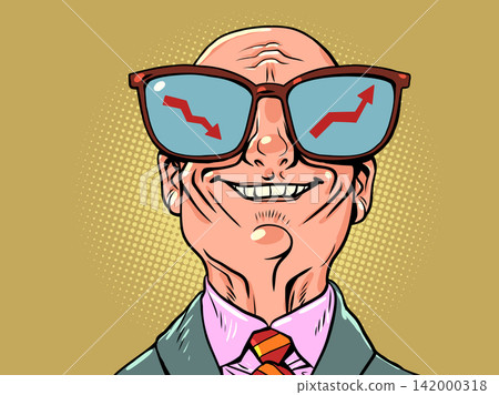 A happy bald businessman. A satisfied company boss. Looking up and down at the graphs. 142000318