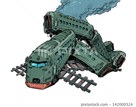 Train crash disaster. Broken and destroyed train. Logistics problems. 142000324