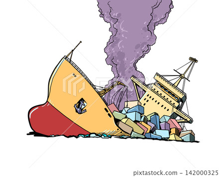 Cargo ship sinking. A broken and destroyed ship. Economic problems of logistics. Cargo ship sinking. A broken and destroyed ship. Economic problems of logistics. 142000325
