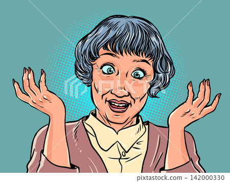 The woman spread her hands in surprise. Incredible promotions and offers, discounts. A happy customer after a purchase. The woman spread her hands in surprise. Incredible promotions and offers, discounts. A happy customer after a purchase. 142000330