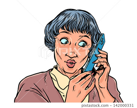 A woman listens to the phone in great surprise. Interaction with the company's client base. Communication with the client for business. A woman listens to the phone in great surprise. Interaction with the company's client base. Communication with the client for business. 142000331