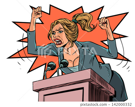 A woman is very furiously communicating from the podium. Funny politics and communication with citizens. Emotional people are screaming and waving their hands. A woman is very furiously communicating from the podium. Funny politics and communication with citizens. Emotional people are screaming and waving their hands. 142000332