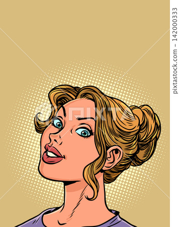 Blonde woman looks and says something. Proposal for a business client. Woman shares something interesting. Blonde woman looks and says something. Proposal for a business client. Woman shares something interesting. 142000333