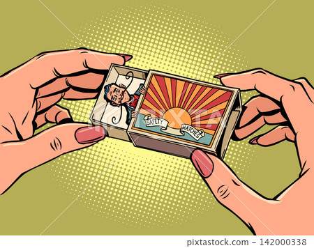 Women's hands hold a box, in it a mustachioed man. Personal recommendations and selections. Random meetings and circumstances. 142000338