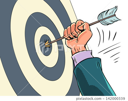 The arrow hits the target. Fulfillment of business plans and ambitions. Personal goals and growth. The arrow hits the target. Fulfillment of business plans and ambitions. Personal goals and growth. 142000339