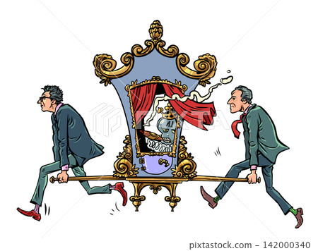 AI king. The robot is carried by people in a carriage. The power and capabilities of artificial intelligence. 142000340
