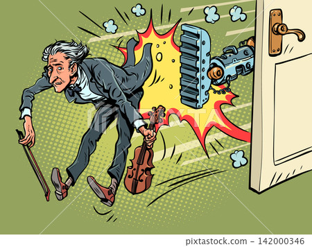 AI takes over jobs. The musician is out of work. Artificial intelligence is taking over humanity. 142000346