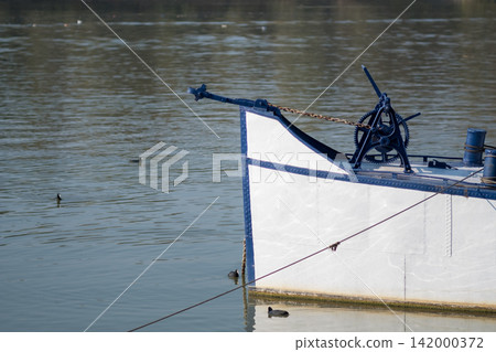 White boat bow on calm river with ducks White boat bow on calm river with ducks 142000372