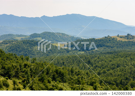 Green forested hills and distant mountain landscape Green forested hills and distant mountain landscape 142000380