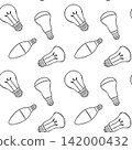 Hand-drawn repeatable pattern of light bulb with simple outline. Black and white design for textile prints and stationery 142000432