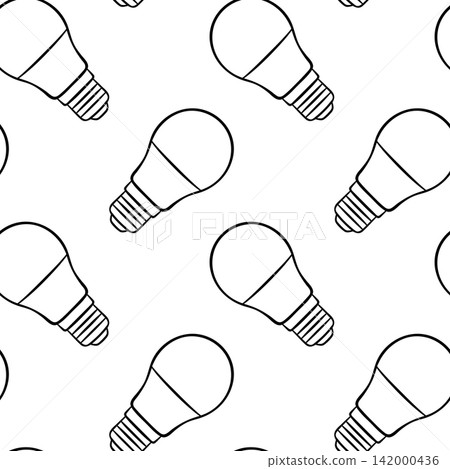 Monochrome repeatable pattern of energy-efficient LED bulb in sketch style. Vector illustration for eco-friendly branding and gift wrap Monochrome repeatable pattern of energy-efficient LED bulb in sketch style. Vector illustration for eco-friendly branding and gift wrap 142000436
