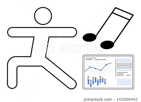 Fitness, productivity, music inspiration, data analysis, mental wellness, creativity. A stick figure in a yoga pose, a musical note and a chart with data. Fitness and productivity concept Fitness, productivity, music inspiration, data analysis, mental wellness, creativity. A stick figure in a yoga pose, a musical note and a chart with data. Fitness and productivity concept 142000442