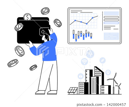 Financial planning, data analysis, smart cities, sustainability, economic growth, renewable energy. Person holding a wallet with coins and a data chart screen. Financial planning and data analysis 142000457