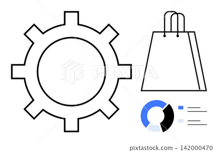 E-commerce, workflow, business tools, marketing, data analysis, technology processes. A gear, shopping bag and data graphic visual. Workflow and e-commerce conceptual design E-commerce, workflow, business tools, marketing, data analysis, technology processes. A gear, shopping bag and data graphic visual. Workflow and e-commerce conceptual design 142000470