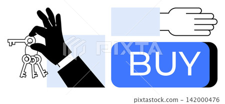 Real estate, digital transactions, property ownership, e-commerce, investment, financial trade. Black hand holding keys near a blue buy button. Real estate and digital transactions theme 142000476
