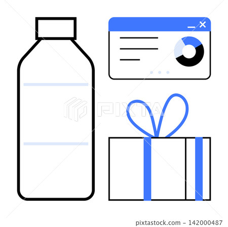 E-commerce, online shopping, retail business, data analytics, branding, and product marketing. Clean design showing a bottle, a chart interface and a gift box icon. E-commerce and data analytics E-commerce, online shopping, retail business, data analytics, branding, and product marketing. Clean design showing a bottle, a chart interface and a gift box icon. E-commerce and data analytics 142000487